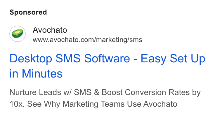 Avochato ad on Google Ads: Desktop SMS Software - Easy Set Up in Minutes Nurture Leads w/ SMS & Boost Conversion Rates by 10x. See Why Marketing Teams Use Avochato