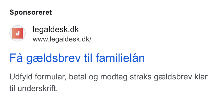 Legaldesk.dk ad on Google Ads: www.legaldesk.dk/ Fa geeldsbrev til familielan Udfyld formular, betal og modtag straks gzeldsbrev klar til underskrift.