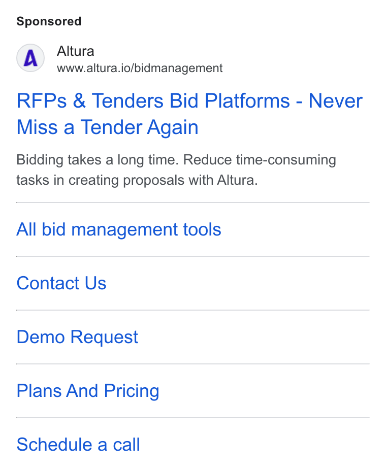 Altura ad on Google Ads: Altura www.altura.io/bidmanagement RFPs & Tenders Bid Platforms - Never Miss a Tender Again Bidding takes a long time. Reduce time-consuming tasks in creating proposals with Altura. All bid management tools Contact Us Demo Request Plans And Pricing Schedule a call