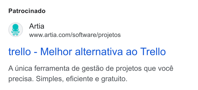 Artia ad on Google Ads: Patrocinado trello - Melhor alternativa ao Trello A unica ferramenta de gestao de projetos que vocé precisa. Simples, eficiente e gratuito.