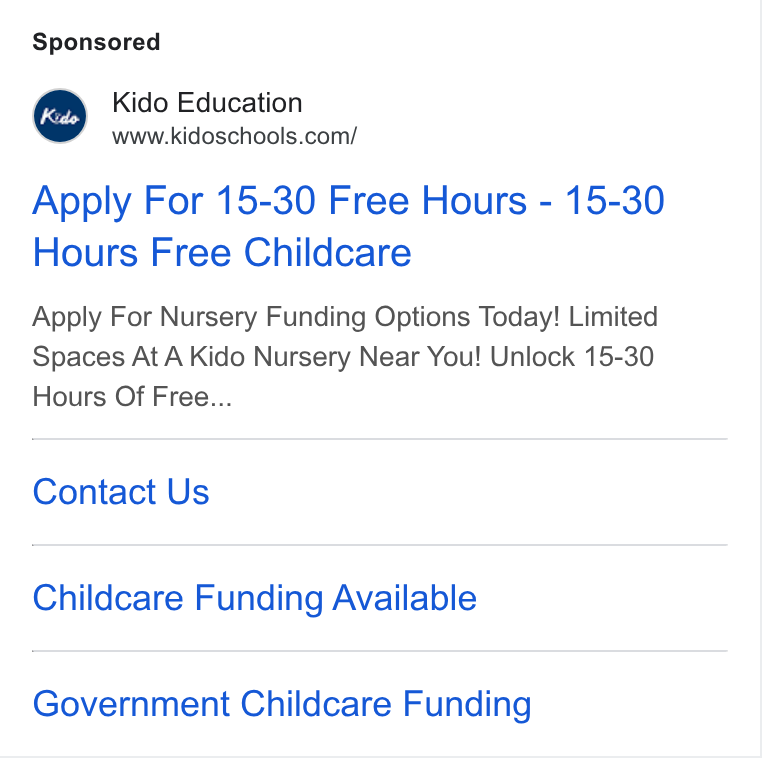 YouCanBookMe ad on Google Ads: Apply For 15-30 Free Hours - 15-30 Hours Free Childcare Apply For Nursery Funding Options Today! Limited Spaces At A Kido Nursery Near You! Unlock 15-30 Hours Of Free... Contact Us Childcare Funding Available Government Childcare Funding