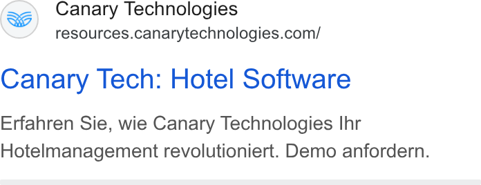 Canary Technologies ad on Google Ads: Canary Tech: Hotel Software Erfahren Sie, wie Canary Technologies Ihr Hotelmanagement revolutioniert. Demo anfordern.