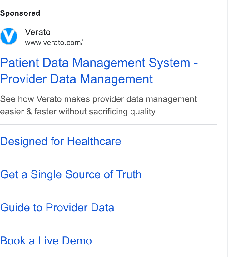 Verato ad on Google Ads: Patient Data Management System - Provider Data Management See how Verato makes provider data management easier & faster without sacrificing quality Designed for Healthcare Get a Single Source of Truth Guide to Provider Data Book a Live Demo
