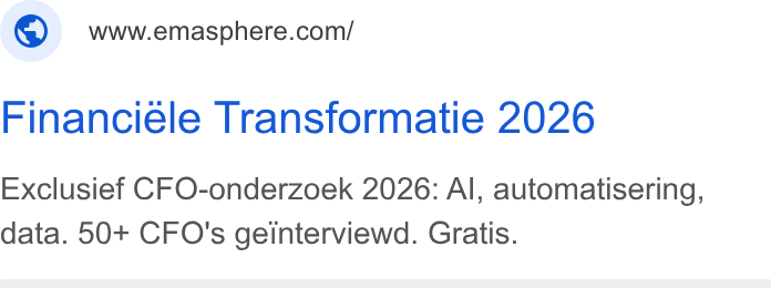 EMAsphere ad on Google Ads: Financiéle Transformatie 2026 Exclusief CFO-onderzoek 2026: Al, automatisering, data. 50+ CFO's geinterviewd. Gratis.