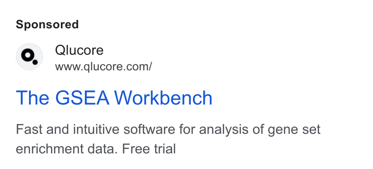 Qlucore ad on Google Ads: The GSEA Workbench Fast and intuitive software for analysis of gene set enrichment data. Free trial