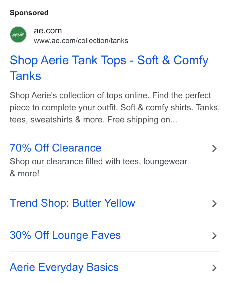 American Eagle Outfitters ad on Google Ads: www.ae.com/collection/tanks Shop Aerie Tank Tops - Soft & Comfy Tanks Shop Aerie's collection of tops online. Find the perfect piece to complete your outfit. Soft & comfy shirts. Tanks, tees, sweatshirts & more. Free shipping on... 70% Off Clearance > Shop our clearance filled with tees, loungewear & more! Trend Shop: Butter Yellow > 30% Off Lounge Faves > Aerie Everyday Basics >