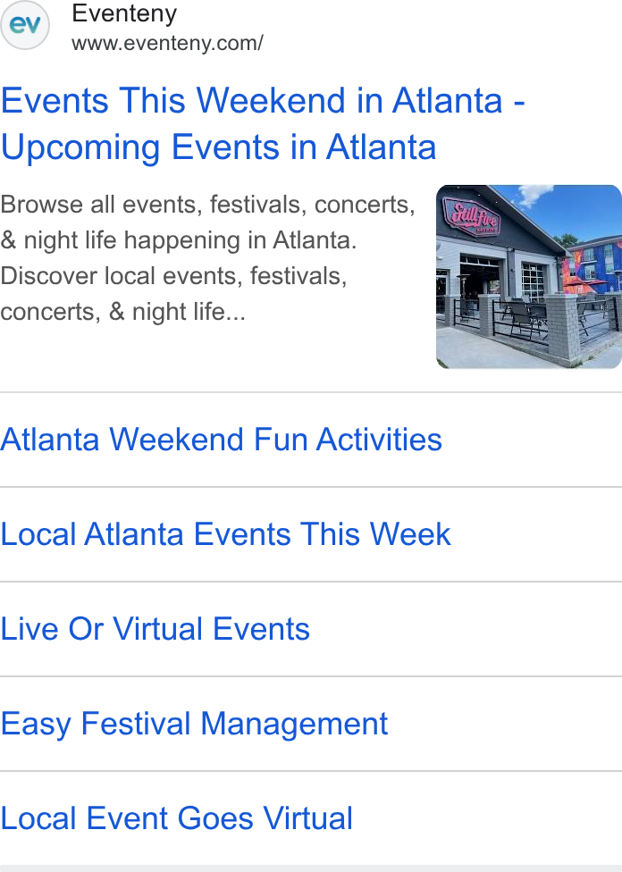 Eventeny ad on Google Ads: Events This Weekend in Atlanta - Upcoming Events in Atlanta Browse all events, festivals, concerts, & night life happening in Atlanta. Discover local events, festivals, concerts, & night life... Atlanta Weekend Fun Activities Local Atlanta Events This Week Live Or Virtual Events Easy Festival Management Local Event Goes Virtual