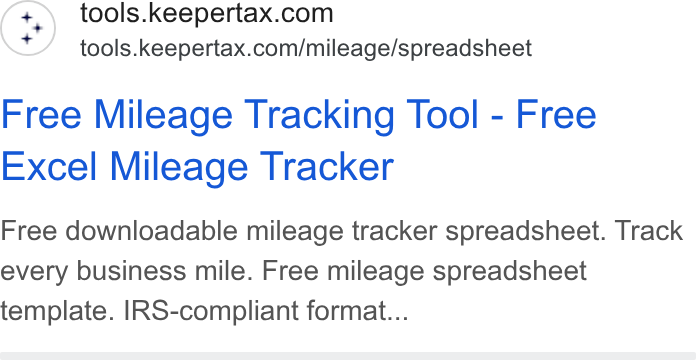 Keeper ad on Google Ads: tools.keepertax.com/mileage/spreadsheet Free Mileage Tracking Tool - Free Excel Mileage Tracker Free downloadable mileage tracker spreadsheet. Track every business mile. Free mileage spreadsheet template. IRS-compliant format...