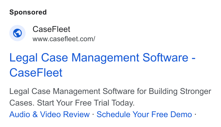 Casefleet ad on Google Ads: Legal Case Management Software - Case Fleet Legal Case Management Software for Building Stronger Cases. Start Your Free Trial Today. Audio & Video Review - Schedule Your Free Demo -