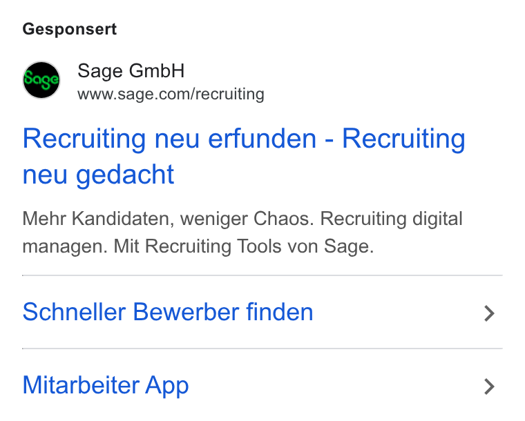 Sage ad on Google Ads: Gesponsert Recruiting neu erfunden - Recruiting neu gedacht Mehr Kandidaten, weniger Chaos. Recruiting digital managen. Mit Recruiting Tools von Sage. Schneller Bewerber finden Mitarbeiter App