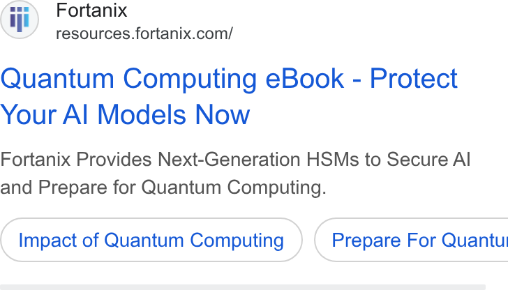 Fortanix ad on Google Ads: Quantum Computing e Book - Protect Your Al Models Now Fortanix Provides Next-Generation HSMs to Secure Al and Prepare for Quantum Computing. Impact of Quantum Computing ) ( Prepare For Quantu