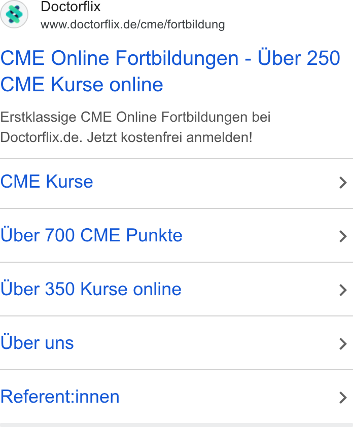 Doctorflix ad on Google Ads: CME Online Fortbildungen - Uber 250 CME Kurse online Erstklassige CME Online Fortbildungen bei Doctorflix.de. Jetzt kostenfrei anmelden! CME Kurse > Uber 700 CME Punkte > Uber 350 Kurse online > Uber uns > Referent:innen >