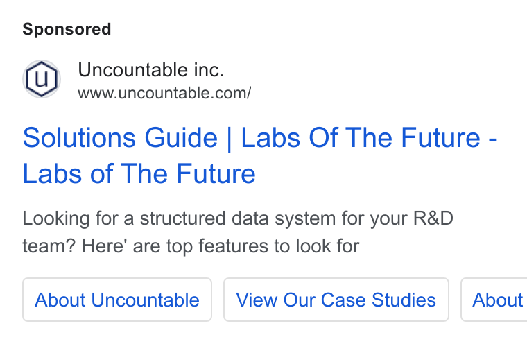 Uncountable ad on Google Ads: Solutions Guide | Labs Of The Future - Labs of The Future Looking for a structured data system for your R& D team? Here' are top features to look for About Uncountable View Our Case Studies | About