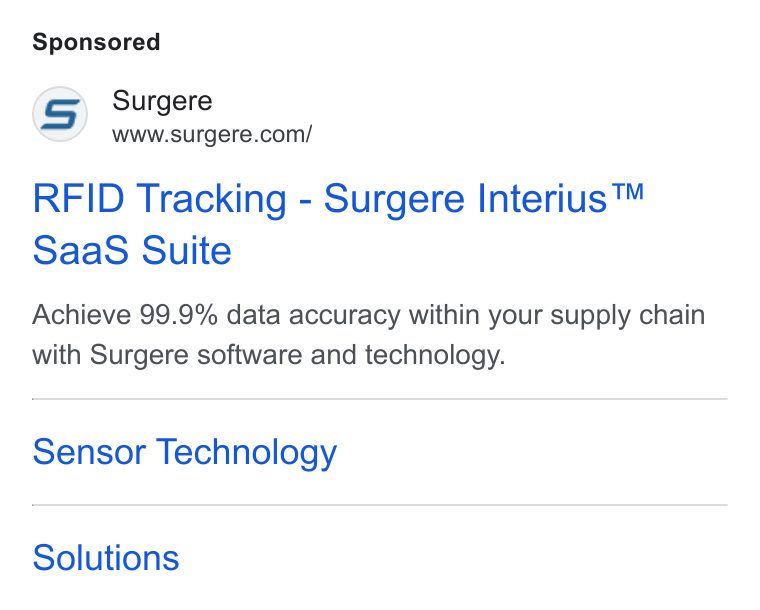 Surgere ad on Google Ads: RFID Tracking - Surgere Interius™ Saa S Suite Achieve 99.9% data accuracy within your supply chain with Surgere software and technology. Sensor Technology Solutions