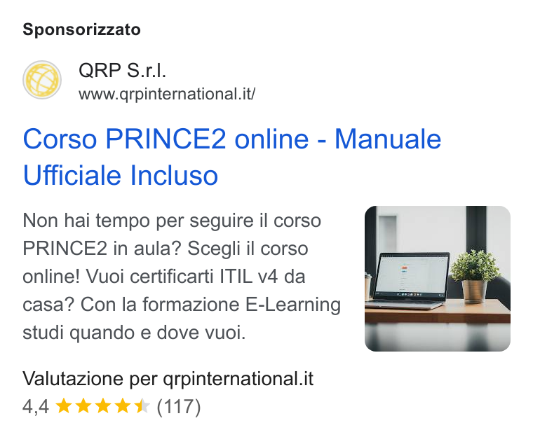 aNewSpring ad on Google Ads: Sponsorizzato Corso PRINCE2 online - Manuale Ufficiale Incluso Non hai tempo per seguire il corso ya PRINCE2 in aula? Scegli il corso online! Vuoi certificarti ITIL v4 da casa? Con la formazione E-Learning studi quando e dove vuoi. Valutazione per qrpinternational.it