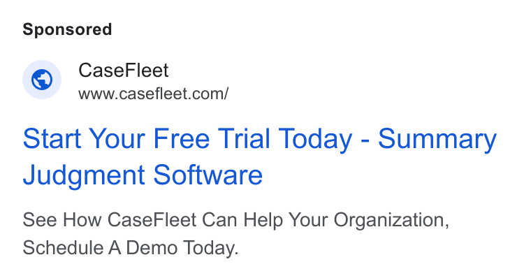 Casefleet ad on Google Ads: Start Your Free Trial Today - Summary Judgment Software See How Case Fleet Can Help Your Organization, Schedule A Demo Today.