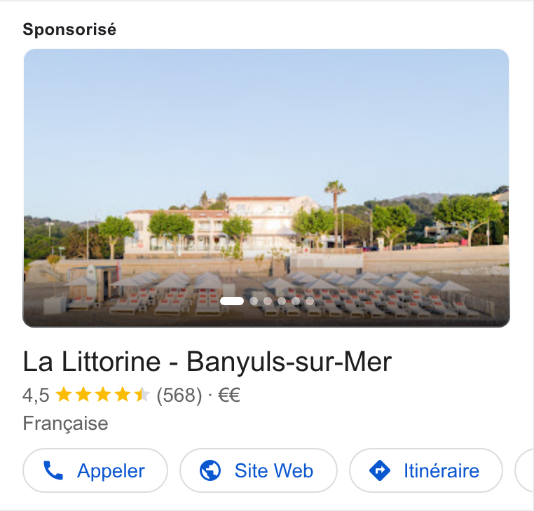 Zenchef ad on Google Ads: Sponsorisé La Littorine - Banyuls-sur-Mer Francaise X Appeler © Site Web @ Itinéraire