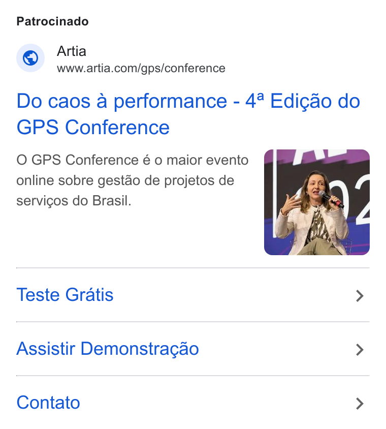 Artia ad on Google Ads: Patrocinado Do caos a performance - 4 Edicao do GPS Conference O GPS Conference 6 0 maior evento online sobre gestao de projetos de servicos do Brasil. Teste Gratis > Assistir Demonstragao > Contato >