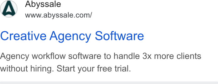 Abyssale ad on Google Ads: Creative Agency Software Agency workflow software to handle 3x more clients without hiring. Start your free trial.