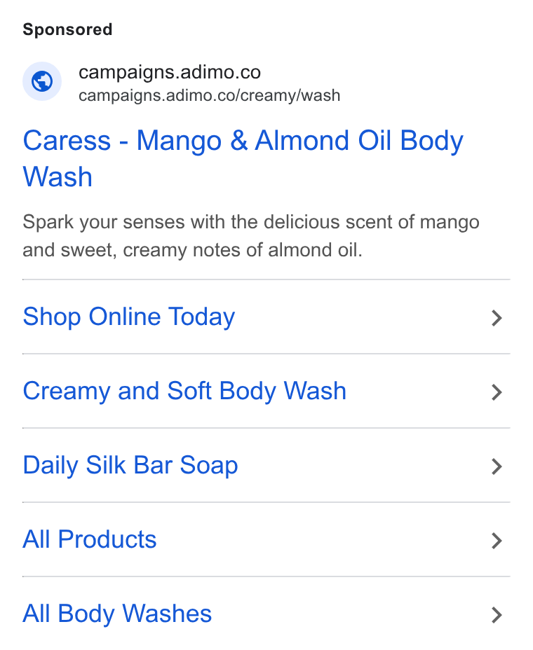 Adimo ad on Google Ads: Campaigns.adimo.co/creamy/wash Caress - Mango & Almond Oil Body Wash Spark your senses with the delicious scent of mango and sweet, creamy notes of almond oil. Shop Online Today Creamy and Soft Body Wash Daily Silk Bar Soap All Products All Body Washes