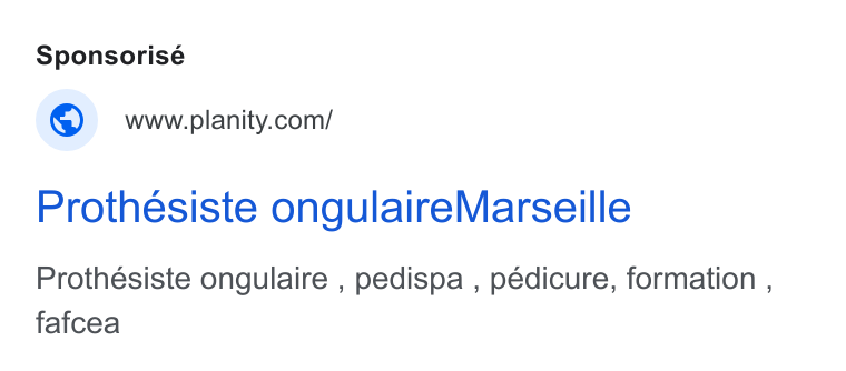 Planity ad on Google Ads: Prothesiste ongulaire Marseille Prothésiste ongulaire , pedispa , pédicure, formation , fafcea