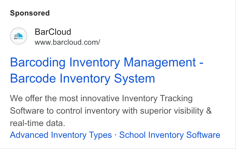 BarCloud ad on Google Ads: Barcoding Inventory Management - Barcode Inventory System We offer the most innovative Inventory Tracking Software to control inventory with superior visibility & real-time data. Advanced Inventory Types « School Inventory Software