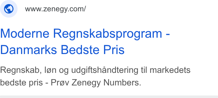Zenegy ad on Google Ads: Moderne Regnskabsprogram - Danmarks Bedste Pris Regnskab, Ign og udgiftshandtering til markedets bedste pris - Prav Zenegy Numbers.