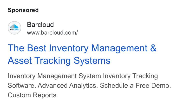 BarCloud ad on Google Ads: The Best Inventory Management & Asset Tracking Systems Inventory Management System Inventory Tracking Software. Advanced Analytics. Schedule a Free Demo. Custom Reports.