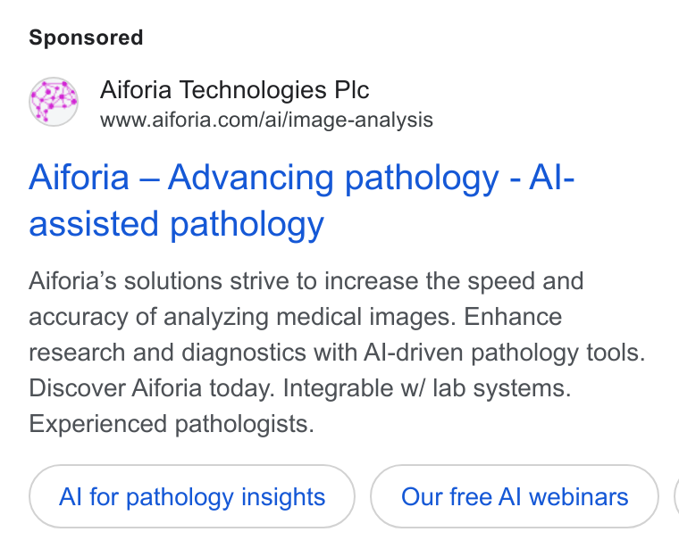 Aiforia ad on Google Ads: Aiforia — Advancing pathology - Al- assisted pathology Aiforia’s solutions strive to increase the speed and accuracy of analyzing medical images. Enhance research and diagnostics with Al-driven pathology tools. Discover Aiforia today. Integrable w/ lab systems. Experienced pathologists. Al for pathology insights Our free Al webinars (