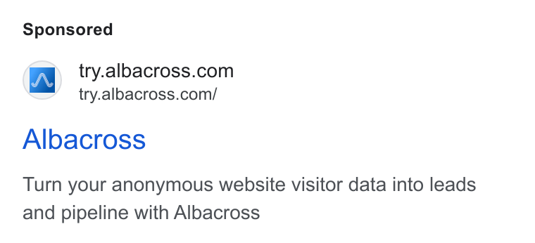 Albacross ad on Google Ads: \ try.albacross.com/ Albacross Turn your anonymous website visitor data into leads and pipeline with Albacross