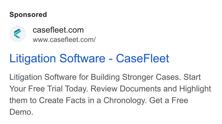 Casefleet ad on Google Ads: www.casefleet.com/ Litigation Software - Case Fleet Litigation Software for Building Stronger Cases. Start Your Free Trial Today. Review Documents and Highlight them to Create Facts in a Chronology. Get a Free Demo.