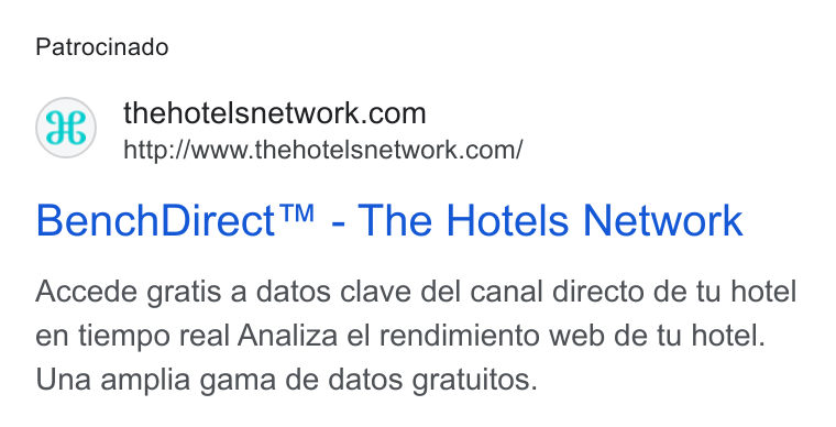 The Hotels Network ad on Google Ads: http://www.thehotelsnetwork.com/ Bench Direct™ - The Hotels Network Accede gratis a datos clave del canal directo de tu hotel en tiempo real Analiza el rendimiento web de tu hotel. Una amplia gama de datos gratuitos.