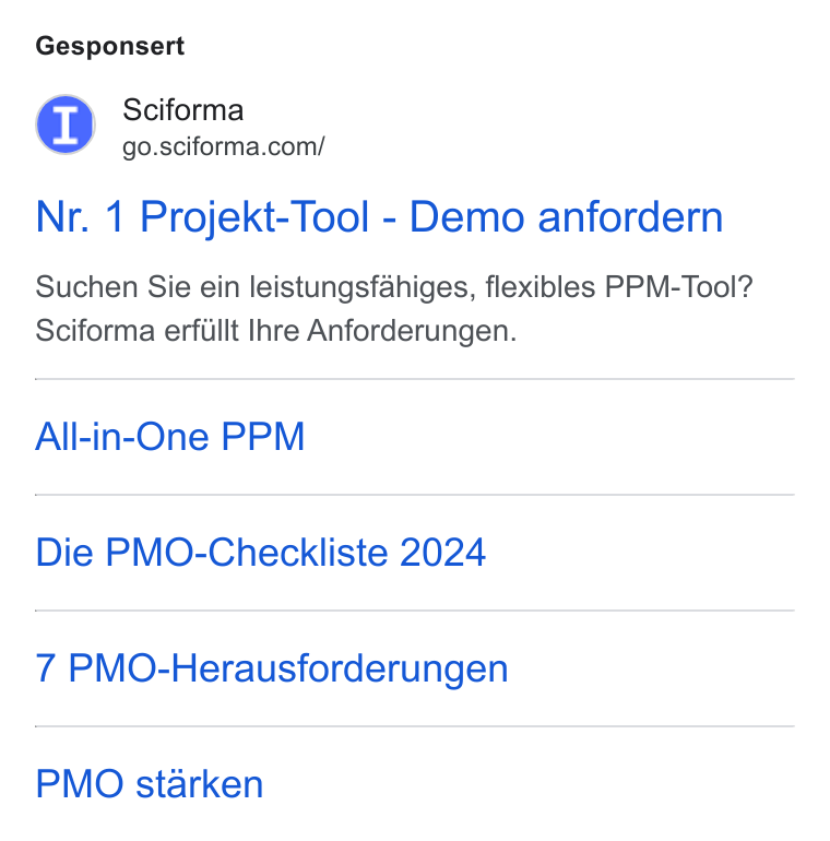 Sciforma ad on Google Ads: Gesponsert Nr. 1 Projekt-Tool - Demo anfordern Suchen Sie ein leistungsfahiges, flexibles PPM-Tool? Sciforma erfillt Ihre Anforderungen. All-in-One PPM Die PMO-Checkliste 2024 7 PMO-Herausforderungen PMO starken
