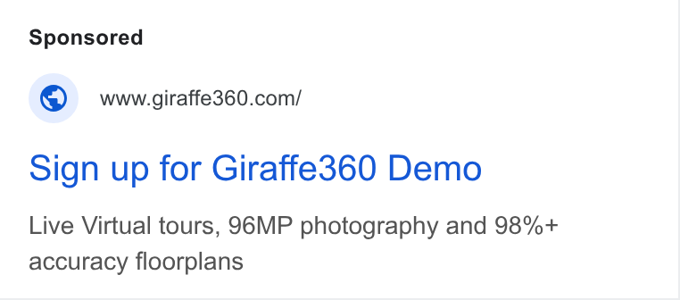 Giraffe360 ad on Google Ads: Sign up for Giraffe360 Demo Live Virtual tours, 96MP photography and 98%+ accuracy floorplans