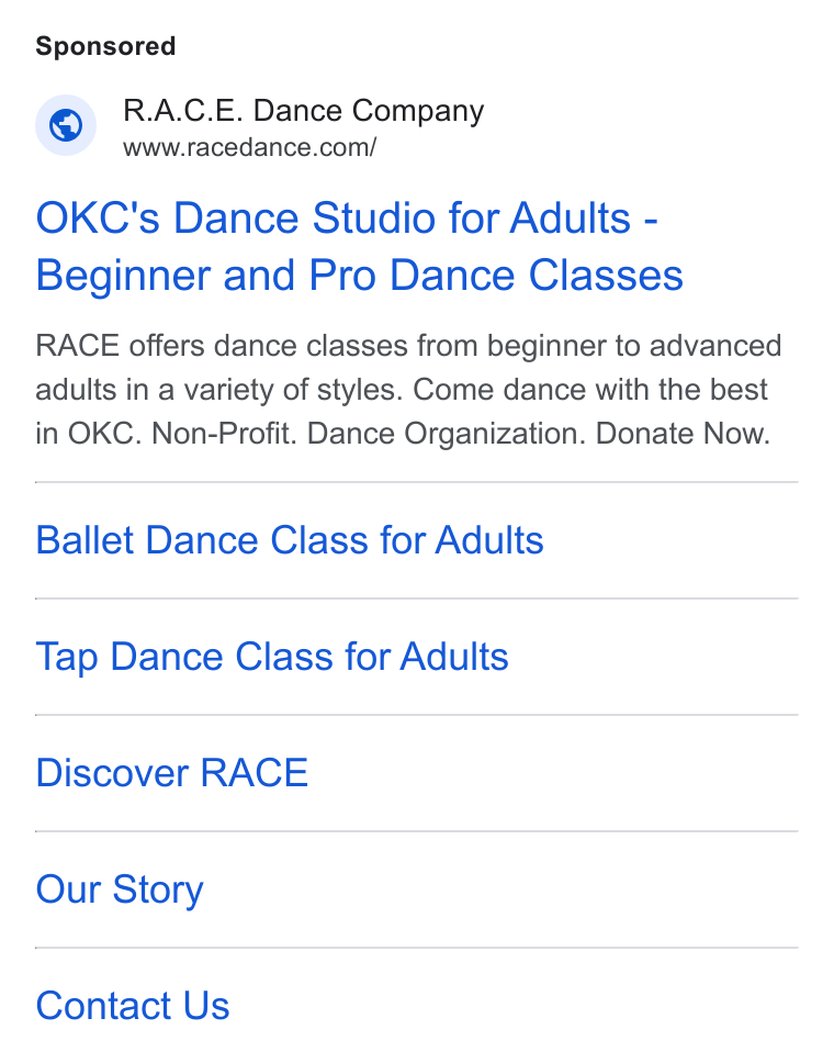 Bloomerang ad on Google Ads: OKC's Dance Studio for Adults - Beginner and Pro Dance Classes RACE offers dance classes from beginner to advanced adults in a variety of styles. Come dance with the best in OKC. Non-Profit. Dance Organization. Donate Now. Ballet Dance Class for Adults Tap Dance Class for Adults Discover RACE Our Story Contact Us