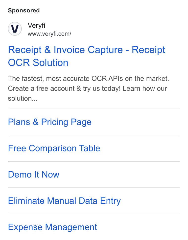 Veryfi ad on Google Ads: Receipt & Invoice Capture - Receipt OCR Solution The fastest, most accurate OCR APIs on the market. Create a free account & try us today! Learn how our solution... Plans & Pricing Page Free Comparison Table Demo It Now Eliminate Manual Data Entry Expense Management