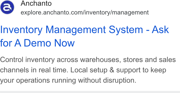 Anchanto ad on Google Ads: Inventory Management System - Ask for A Demo Now Control inventory across warehouses, stores and sales channels in real time. Local setup & support to keep your operations running without disruption.
