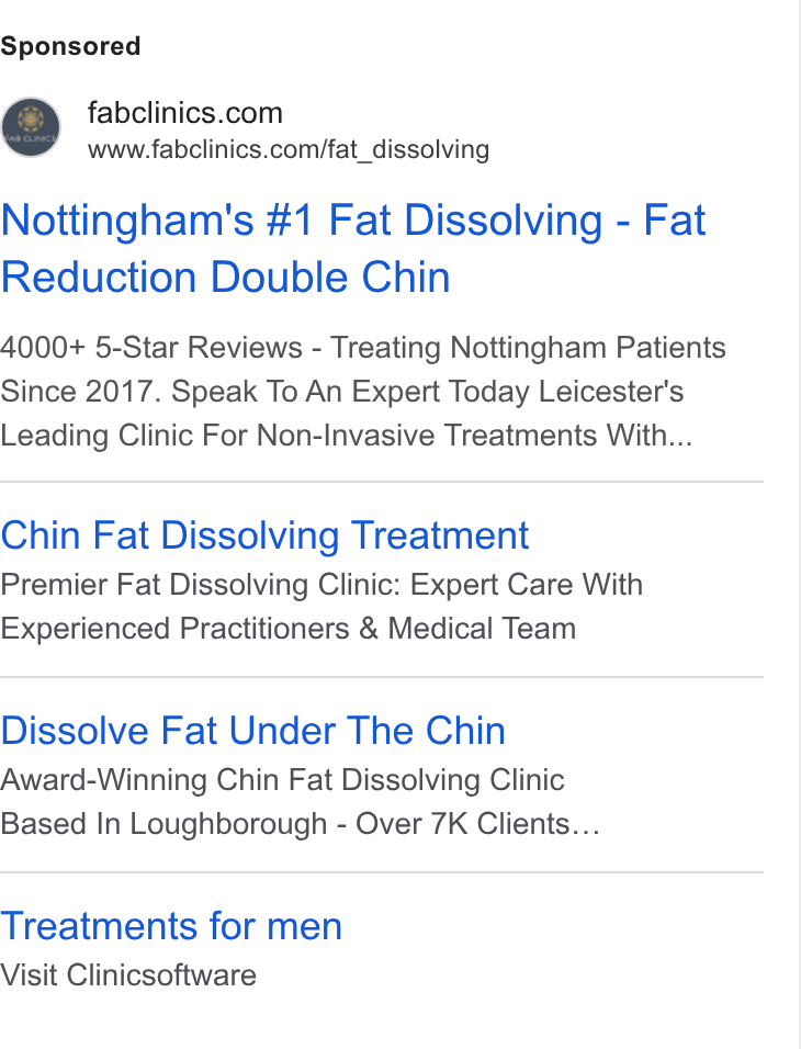 Clinic Software CRM ad on Google Ads: www.fabclinics.com/fat_dissolving Nottingham's #1 Fat Dissolving - Fat Reduction Double Chin 4000+ 5-Star Reviews - Treating Nottingham Patients Since 2017. Speak To An Expert Today Leicester's Leading Clinic For Non-Invasive Treatments With... Chin Fat Dissolving Treatment Premier Fat Dissolving Clinic: Expert Care With Experienced Practitioners & Medical Team Dissolve Fat Under The Chin Award-Winning Chin Fat Dissolving Clinic Based In Loughborough - Over 7K Clients... Treatments for men Visit Clinicsoftware