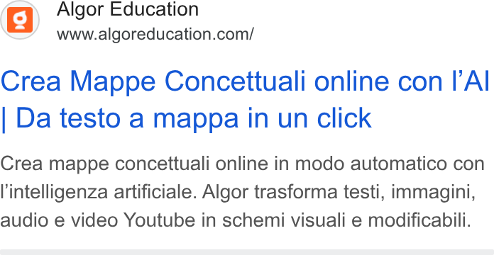 Algor ad on Google Ads: Crea Mappe Concettuali online con l Al Da testo a mappa in un click Crea mappe concettuali online in modo automatico con l'intelligenza artificiale. Algor trasforma testi, immagini, audio e video Youtube in schemi visuali e modificabili.
