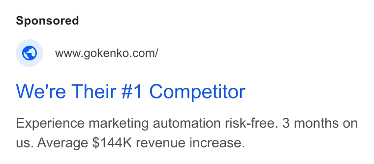 Kenko AI ad on Google Ads: We're Their #1 Competitor Experience marketing automation risk-free. 3 months on us. Average $144K revenue increase.