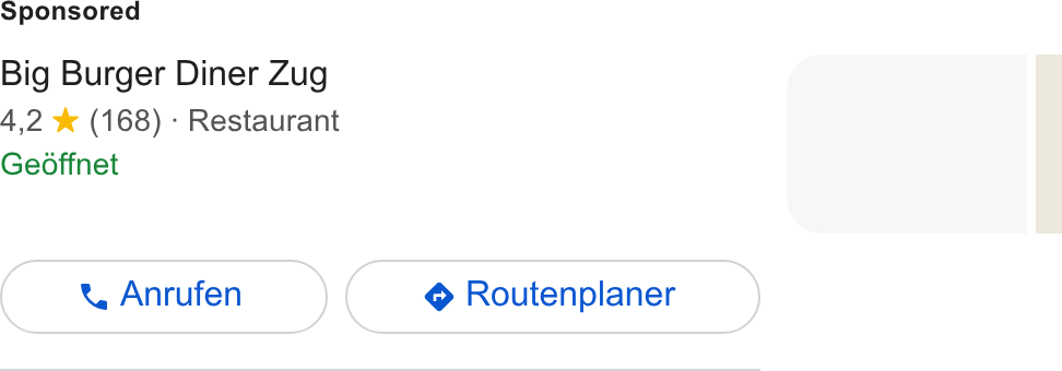 resmio ad on Google Ads: Big Burger Diner Zug 4,2 *% (168) - Restaurant Geoffnet
