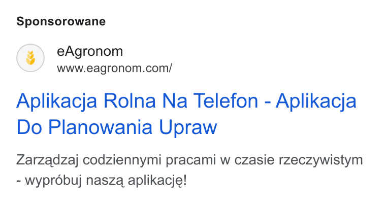 eAgronom ad on Google Ads: Sponsorowane Aplikacja Rolna Na Telefon - Aplikacja Do Planowania Upraw Zarzadzaj codziennymi pracami w czasie rzeczywistym - wyprobuj naszqa aplikacje!