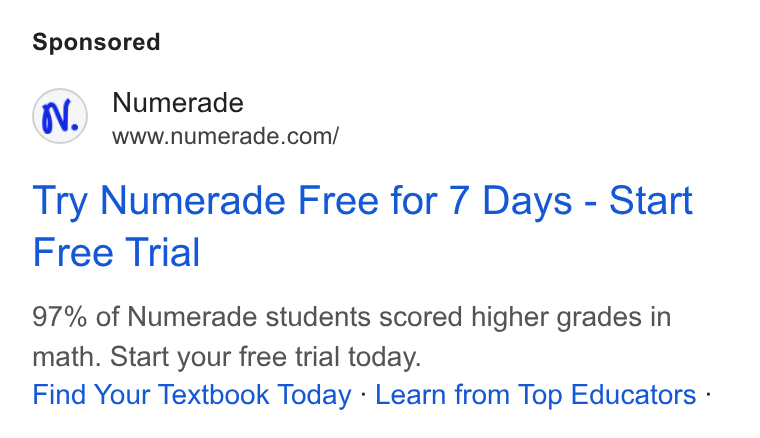 Numerade ad on Google Ads: Try Numerade Free for 7 Days - Start Free Trial 97% of Numerade students scored higher grades in math. Start your free trial today. Find Your Textbook Today - Learn from Top Educators -