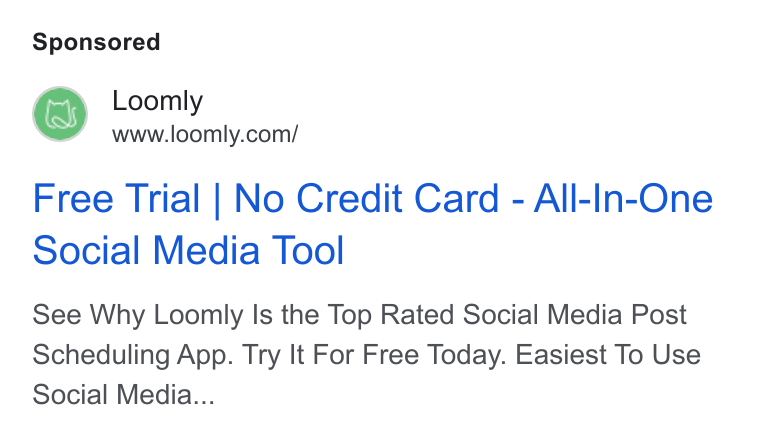 Loomly ad on Google Ads: Free Trial | No Credit Card - All-In-One Social Media Tool See Why Loonlly Is the Top Rated Social Media Post Scheduling App. Try It For Free Today. Easiest To Use Social Media...