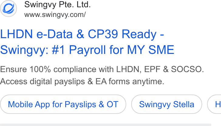 Swingvy ad on Google Ads: LHDN e-Data & CP39 Ready - Swingvy: #1 Payroll for MY SME Ensure 100% compliance with LHDN, EPF & SOCSO. Access digital payslips & EA forms anytime. Mobile App for Payslips & OT Swingvy Stella (A