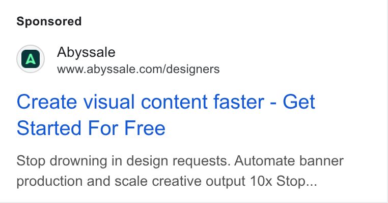 Abyssale ad on Google Ads: Create visual content faster - Get Started For Free Stop drowning in design requests. Automate banner production and scale creative output 10x Stop...