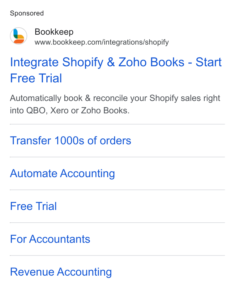 Bookkeep ad on Google Ads: Integrate Shopify & Zoho Books - Start Free Trial Automatically book & reconcile your Shopify sales right into QBO, Xero or Zoho Books. Transfer 1000s of orders Automate Accounting Free Trial For Accountants Revenue Accounting