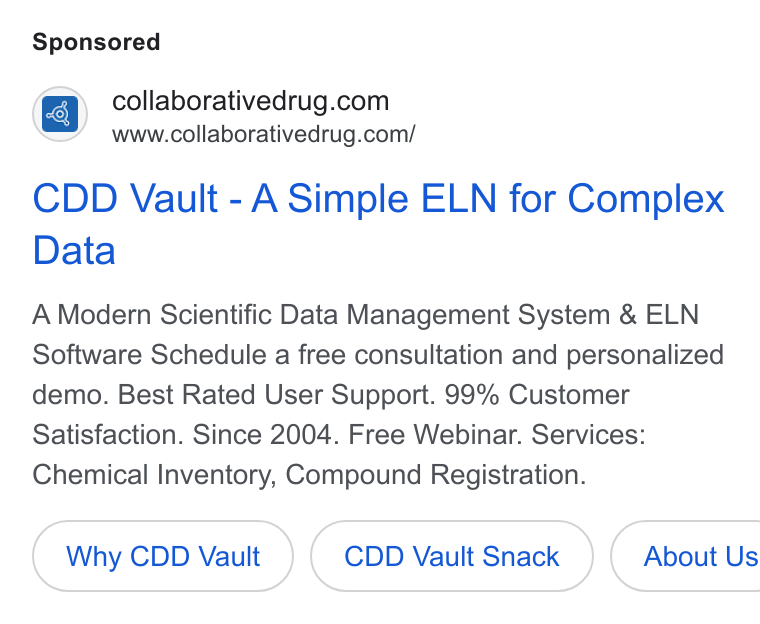 Collaborative Drug Discovery ad on Google Ads: www.collaborativedrug.com/ CDD Vault - A Simple ELN for Complex Data A Modern Scientific Data Management System & ELN Software Schedule a free consultation and personalized demo. Best Rated User Support. 99% Customer Satisfaction. Since 2004. Free Webinar. Services: Chemical Inventory, Compound Registration. Why CDD Vault CDD Vault Snack } ( About Us