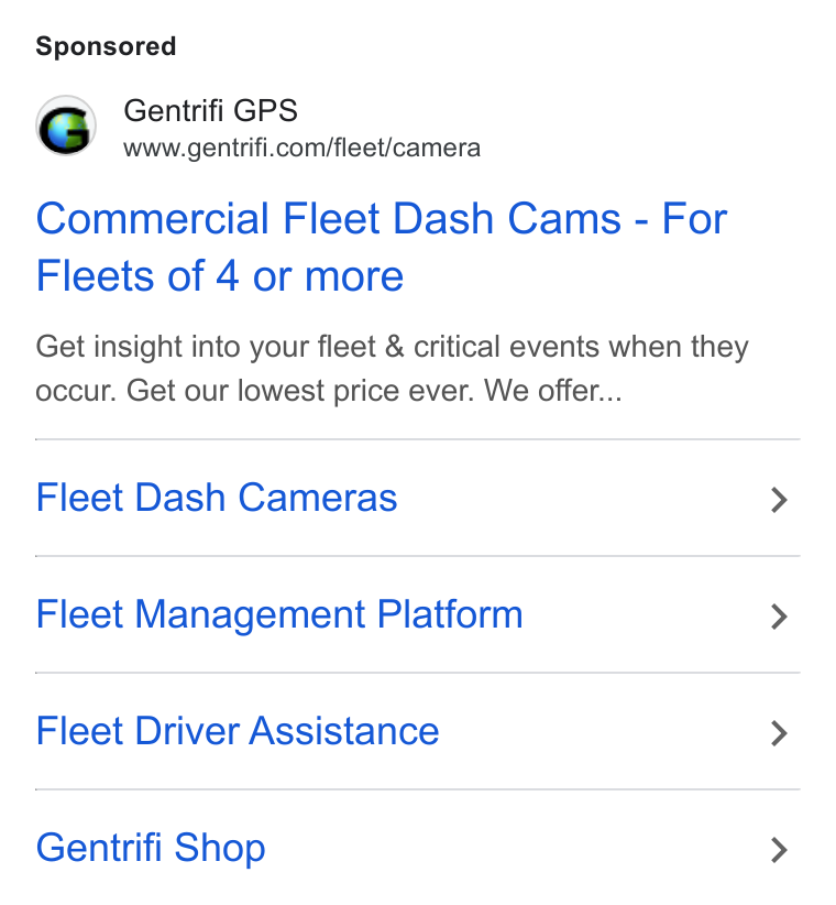 Gentrifi GPS ad on Google Ads: Commercial Fleet Dash Cams - For Fleets of 4 or more Get insight into your fleet & critical events when they occur. Get our lowest price ever. We offer... Fleet Dash Cameras Fleet Management Platform Fleet Driver Assistance Gentrifi Shop
