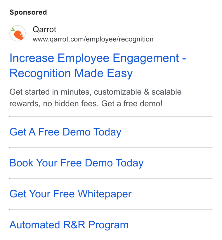 Qarrot ad on Google Ads: Increase Employee Engagement - Recognition Made Easy Get started in minutes, customizable & scalable rewards, no hidden fees. Get a free demo! Get A Free Demo Today Book Your Free Demo Today Get Your Free Whitepaper Automated R& R Program